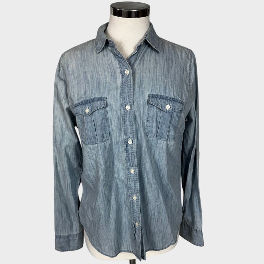 Faded Glory Womens Small 100% Cotton Button Front Shirt Blue Chambray